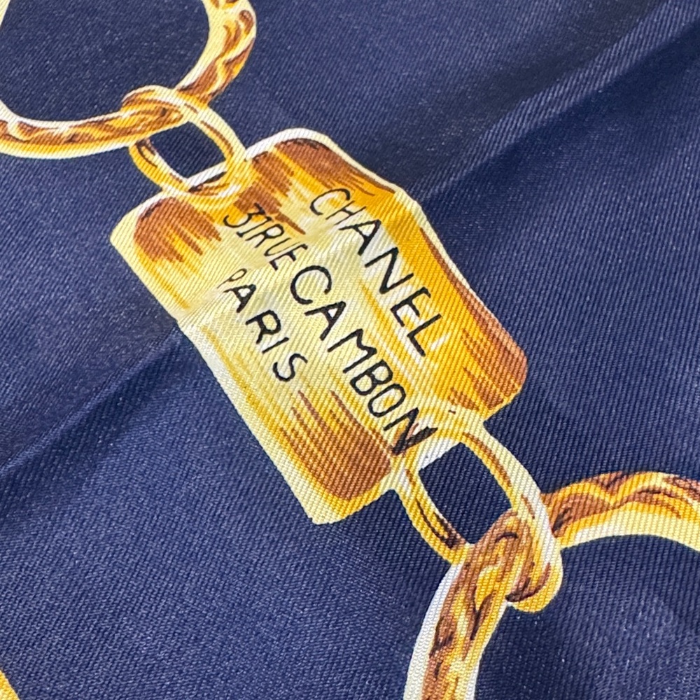 Authentic CHANEL Elegant Navy and Gold Silk Scarf - Picture 11 of 12